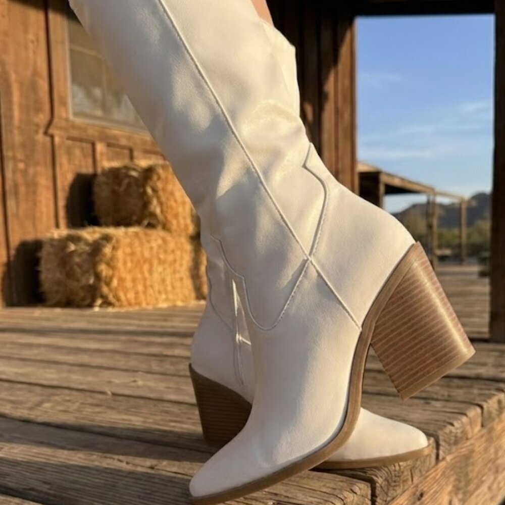 NWT X2B White Knee High Western Cowboy Boots 3.5" Block Heel | Milano Shoes - Picture 4 of 6